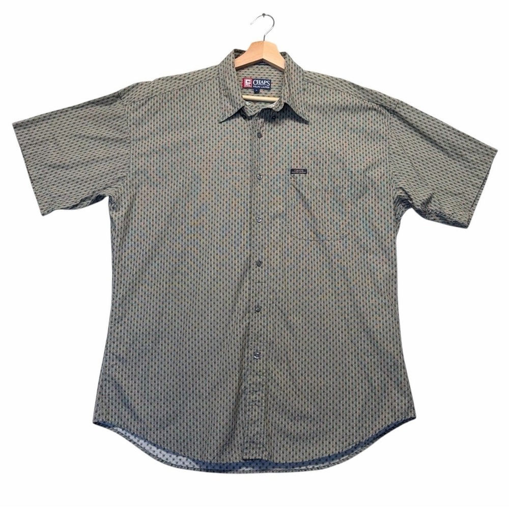 Chaps Ralph Lauren Mens Vintage Green Geometric Pattern Button Up Shirt Size L